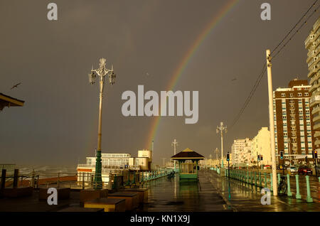 Brighton, UK. 10th Dec, 2017. A double rainbow over Brighton seafront this morning during a break in the stormy skies as high winds and rain battered the south coast . Many parts of Britain are being hit by heavy snow falls today and more is forecast over the next few days Credit: Simon Dack/Alamy Live News Stock Photo