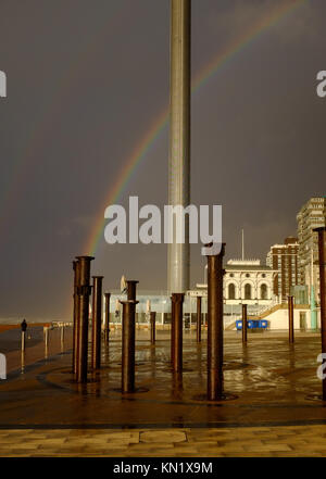 Brighton, UK. 10th Dec, 2017. A double rainbow over Brighton seafront this morning during a break in the stormy skies as high winds and rain battered the south coast . Many parts of Britain are being hit by heavy snow falls today and more is forecast over the next few days Credit: Simon Dack/Alamy Live News Stock Photo