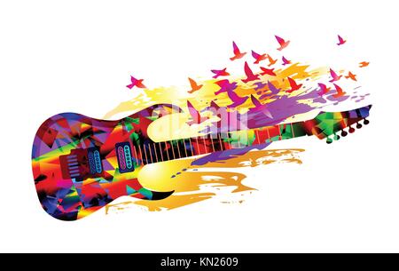 Colorful music background, banner with electric acoustic guitar and flying birds. Vector illustration Stock Vector