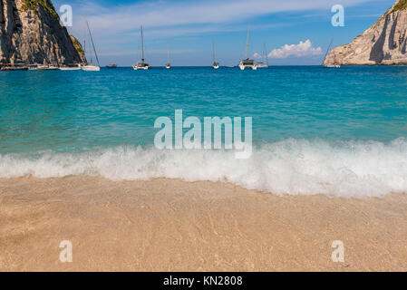 ZAKYNTHOS, GREECE, September 27, 2017: Crystal blue waters of Navagio bay on Zakynthos island, Greece Stock Photo
