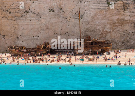 ZAKYNTHOS, GREECE, September 27, 2017:  Rusty shipwreck on Navagio beach in Greece. Zakynthos island. Stock Photo