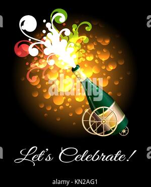 Poster design with shining glittering gold champagne explosion bottle and lettering Lets Celebrate. Vector illustration. Stock Vector