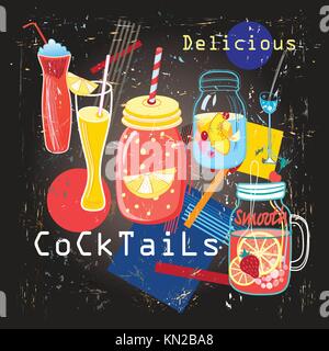 Delicious sweet colorful colorful cocktails on a dark background Stock Vector