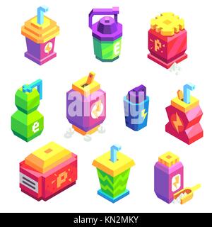 Isometric Vector Icons Set of Sport Drink Bottles and Nutrition Boxes Stock Vector