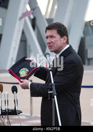 U.S. Ambassador to Japan William Hagerty holds up a handkerchief presented to him by a Boy Scout Troop during a visit to the Marine Corps Air Station Iwakuni November 30, 2017 in Iwakuni City, Japan.  (photo by Donato Maffin via Planetpix) Stock Photo