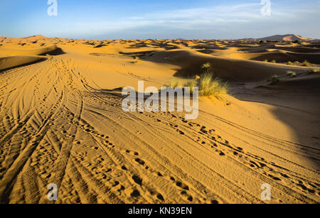Several sand hill at Erg Chebbi in the Sahara desert. Ers are large dunes formed by wind-blown sand. Morocco.