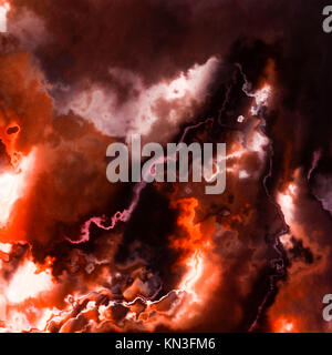 Burning flames, dark red sky storm clouds or smoke, abstract background illustration