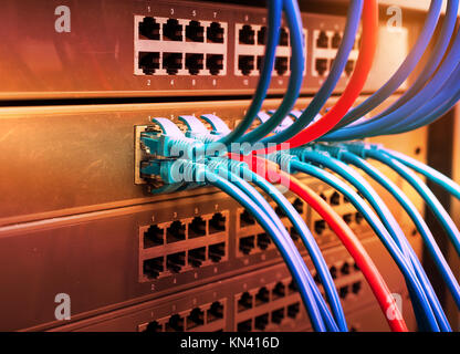 Server rack with internet patch cord cables connected to patch panel in ...