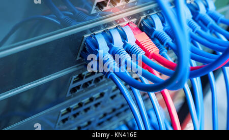 Server rack with internet patch cord cables connected to patch panel in ...