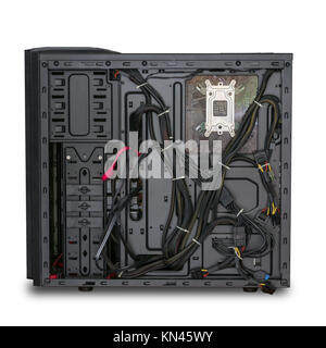 Black computer case uncover to cleaning and showing cable inside with shadow on white with clippling path Stock Photo