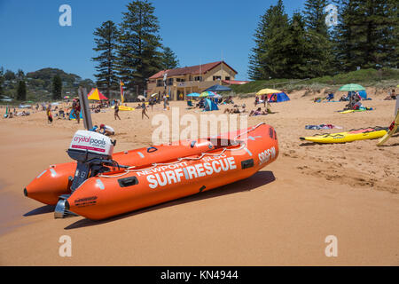 Surf rescue boat and lifeguards on Newport Beach, one of Sydney's famous northern beaches,New south wales,Australia Stock Photo