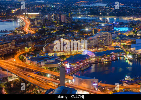 Darling Harbour at Night from Above, Sydney, New South Wales (NSW), Australia Stock Photo