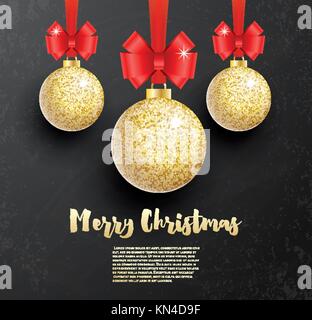 Christmas Greeting Card with Golden Glitter Christmas Ball and Red Bow on Black Chalkboard Background. Vector Illustration. Stock Vector