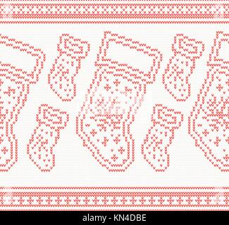 Knitted Christmas Socks Seamless Pattern in Red Color. Vector Illustration. Stock Vector