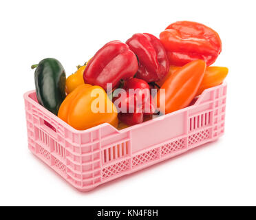 full grocery box with assortment chili pepper habanero isolated on white background, concept hot spice food Stock Photo