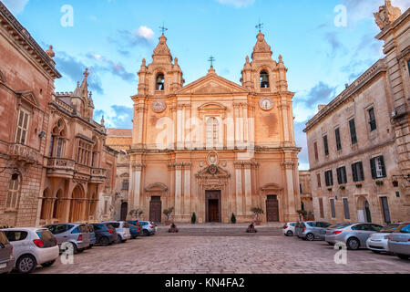 beautiful european landscape with catholic St. Peter & Paul Cathedral, Mdina, Malta Stock Photo