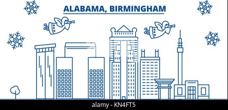 USA, Alabama, Birmingham winter city skyline. Merry Christmas and Happy New Year decorated banner. Winter greeting card with snow and Santa Claus. Flat, line vector. Linear christmas illustration Stock Vector