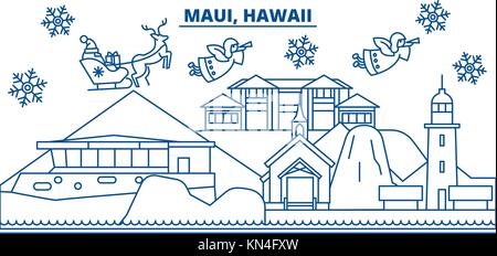 USA, Hawaii, Maui winter city skyline. Merry Christmas and Happy New Year decorated banner. Winter greeting card with snow and Santa Claus. Flat, line vector. Linear christmas illustration Stock Vector