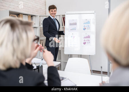 Portrait of young businessman standing by whiteboard giving presentation of statistics report on marketing and finance to group of executives Stock Photo