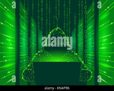 Internet security cyber attack business concept low poly. Anonymous hacker at the laptop computer blue finance danger. Server room rack polygonal point line dot geometric design vector illustration Stock Vector