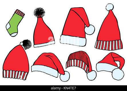 Set doodle Christmas hats and socks for your creativity. Vector illustration Stock Vector
