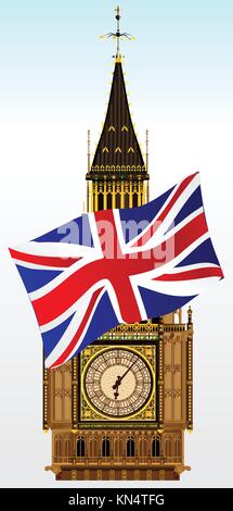 A detailed illustration of the Big Ben clock face and roof with a flying Union Flag Stock Vector
