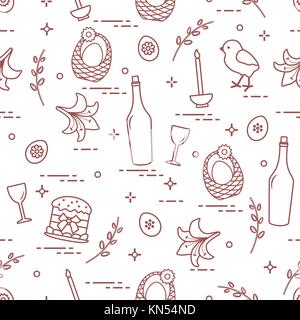 Pattern of Easter symbols: Easter cake, chick, lily, baskets, eggs and other. Design for banner, poster or print. Stock Vector