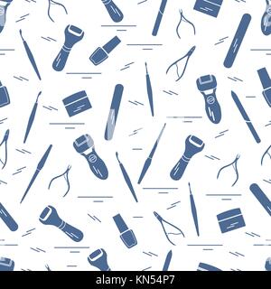 Seamless pattern with variety tools for manicure and pedicure. Personal care. Design for banner, poster or print. Stock Vector