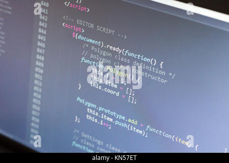 Javascript code. Computer programming source code. Abstract screen of web developer. Digital technology modern background. Shallow depth of field Stock Photo