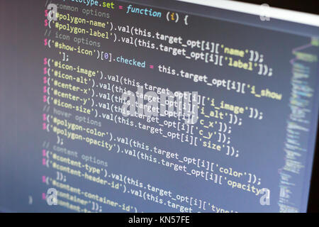 Javascript code. Computer programming source code. Abstract screen of web developer. Digital technology modern background. Shallow depth of field Stock Photo