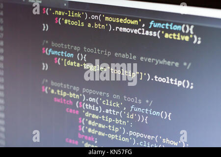 Javascript code. Computer programming source code. Abstract screen of web developer. Digital technology modern background. Shallow depth of field Stock Photo