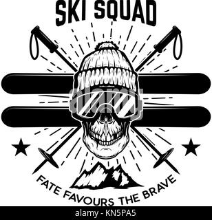Ski squad. Extreme skull with skis.  Design element for emblem, sign, label, poster. Vector illustration Stock Vector