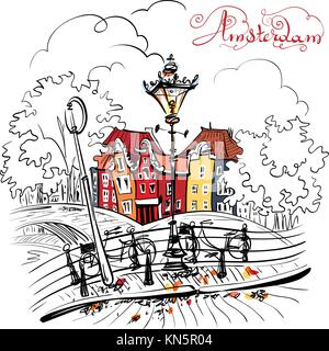 Vector city view of Amsterdam bridges Stock Vector