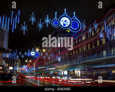 Light trails on The Strand in London at Christmas time Stock Photo