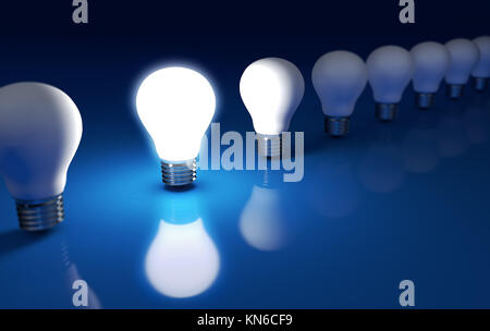 Standing out with creative ideas and business solution concept with a bright light bulb glowing in a row 3D illustration. Stock Photo