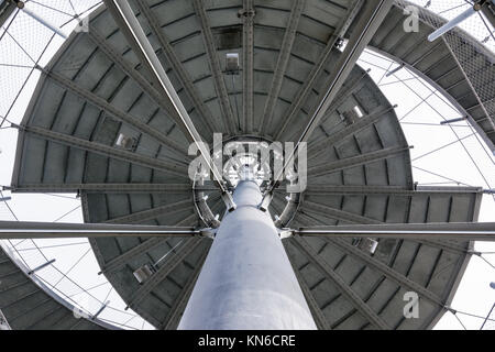 Modern Metal Column Spiral Staircase Steel Aluminum Architecture Contemporary Circular Swirl Illusion Bottom Perspective Looking Up Stock Photo