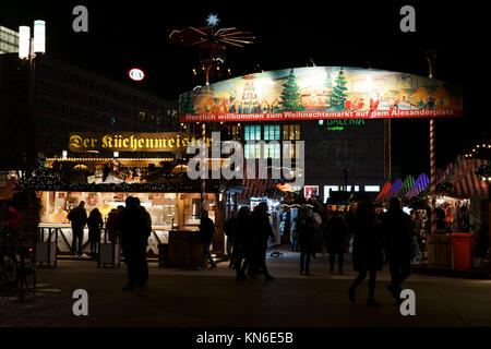 Berlin, Germany - December 05, 2017: The entrance gate to the Christmas market at Alexanderplatz decorated with Christmas pictures and Christmas light Stock Photo