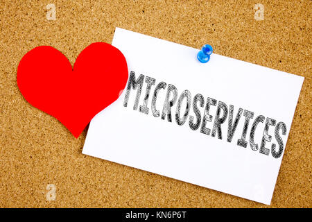 Conceptual hand writing text caption inspiration showing Microservices concept for Micro Services and Love written on sticky note, reminder cork backg Stock Photo