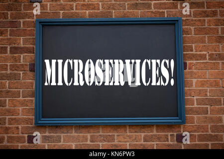 Conceptual hand writing text caption inspiration showing announcement Microservices. Business concept for  Micro Services written on frame old brick b Stock Photo