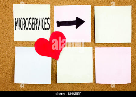 Conceptual hand writing text caption inspiration showing Microservices concept for Micro Services and Love written on wooden background, reminder  bac Stock Photo