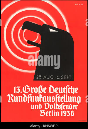 “13 Grosse deutsche Rundfunkausstellung und Volkssender Berlin 1936” (The 13th German Broadcasting Exhibition and People’s Transmitter, Berlin 1936 28 August – 6th September) Nazi Germany Exhibition poster featuring the head of the Reichsadler (Imperial Eagle) with radio waves emanating from its open mouth. Created for the Reich Propaganda Directorate of the National Socialist German Workers' Party. See more information below. Stock Photo