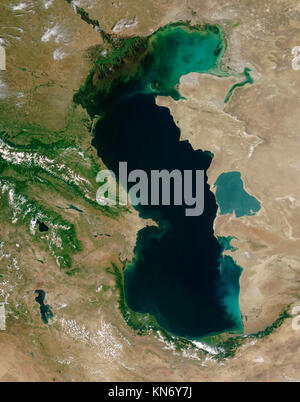 Volga River Delta and Caspian Sea viewed from space Stock Photo - Alamy