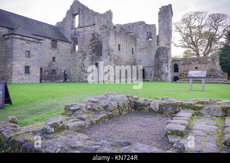 Built by the Douglas family, the 13th century fortified residence of Aberdour Castle was extended in the 15th, 16th and 17th centuries Stock Photo