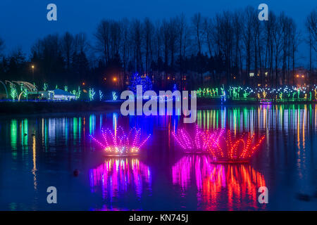 Holiday Light display, Lafarge Lake, Town Centre Park, Coquitlam, British Columbia, Canada. Stock Photo