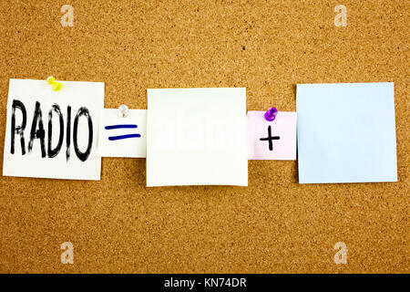 Conceptual announcement text caption inspiration showing Radio Business concept for Media and Education written on Sticky Note on cork background with Stock Photo