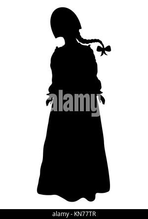 Girl in Russian national costume silhouette, vector outline portrait, black and white contour drawing. Woman full-length in russian folk dress and kok Stock Vector