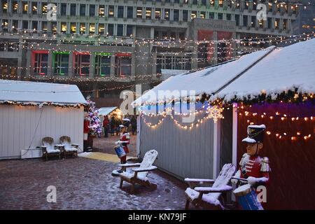 The Government Center/City Hall Plaza Holiday Market and iconic Boston sign in downtown Boston Massachusetts Stock Photo