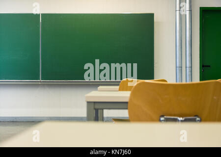 Empty Wooden Chairs at Tables Depth of Field Lecture Hall Nobody Green Chalkboard University Education College Higher Single Seat Stock Photo