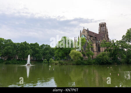 Stuttgart Feuersee Johanesskirche Pond Landscape Germany Europe Architecture Destination Stock Photo