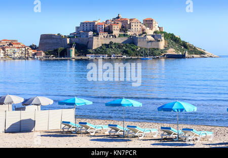 Calvi Beach and Citadel of Calvi, Corsica Stock Photo